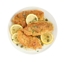 Photo of Delicious chicken piccata with herbs isolated on white, top view