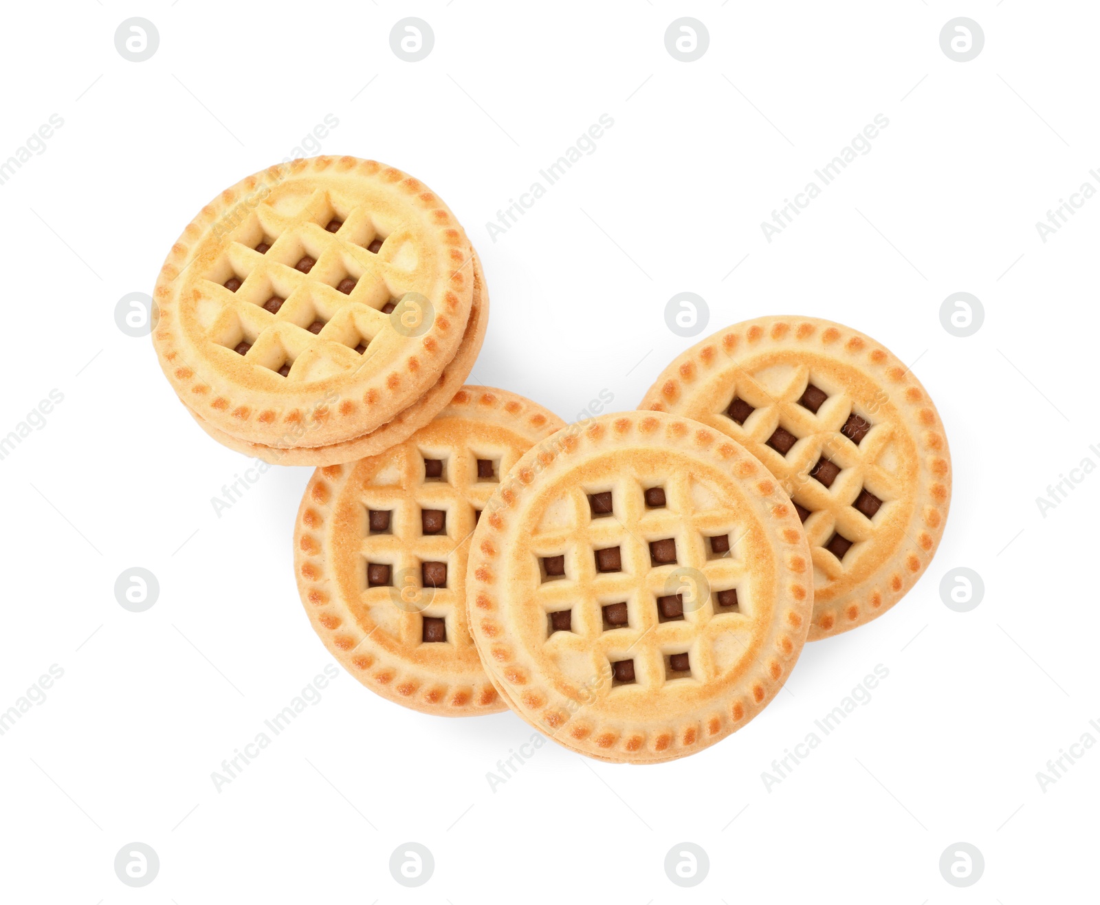 Photo of Tasty sandwich cookies with cream isolated on white, top view