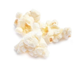 Delicious salty popcorn on white background