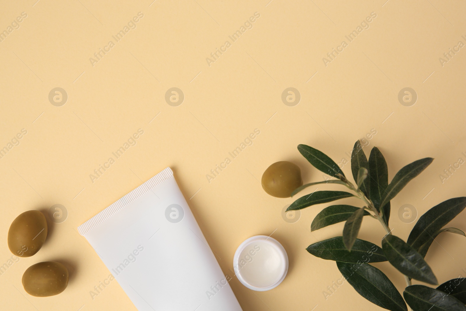 Photo of Different cosmetic products and ingredient on beige background, flat lay. Space for text