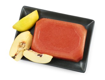 Delicious sweet quince paste and fresh fruit isolated on white, top view