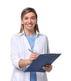 Portrait of happy doctor with clipboard on white background