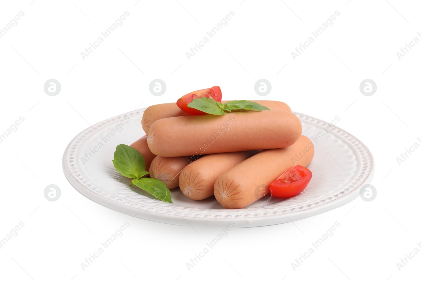 Photo of Delicious boiled sausages, tomatoes and basil isolated on white