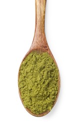 Photo of Henna powder in wooden spoon isolated on , top view