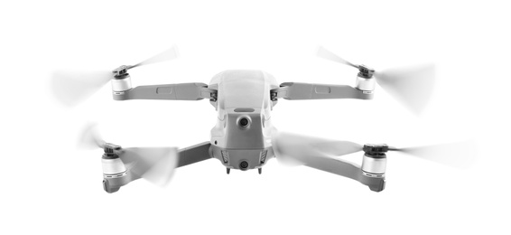 Image of Modern drone flying on white background. Banner design 