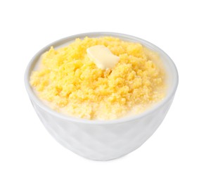 Photo of Tasty cornmeal with butter in bowl isolated on white