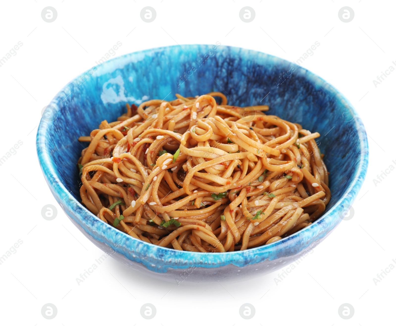 Photo of Bowl of buckwheat noodles isolated on white