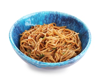 Bowl of buckwheat noodles isolated on white