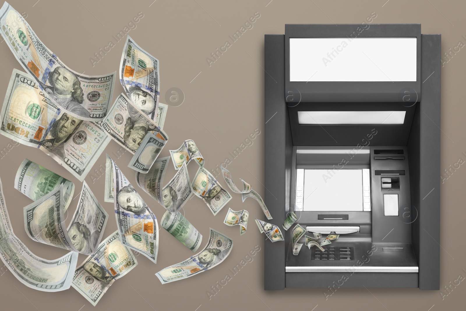 Image of Modern automated cash machine and flying money on grey background