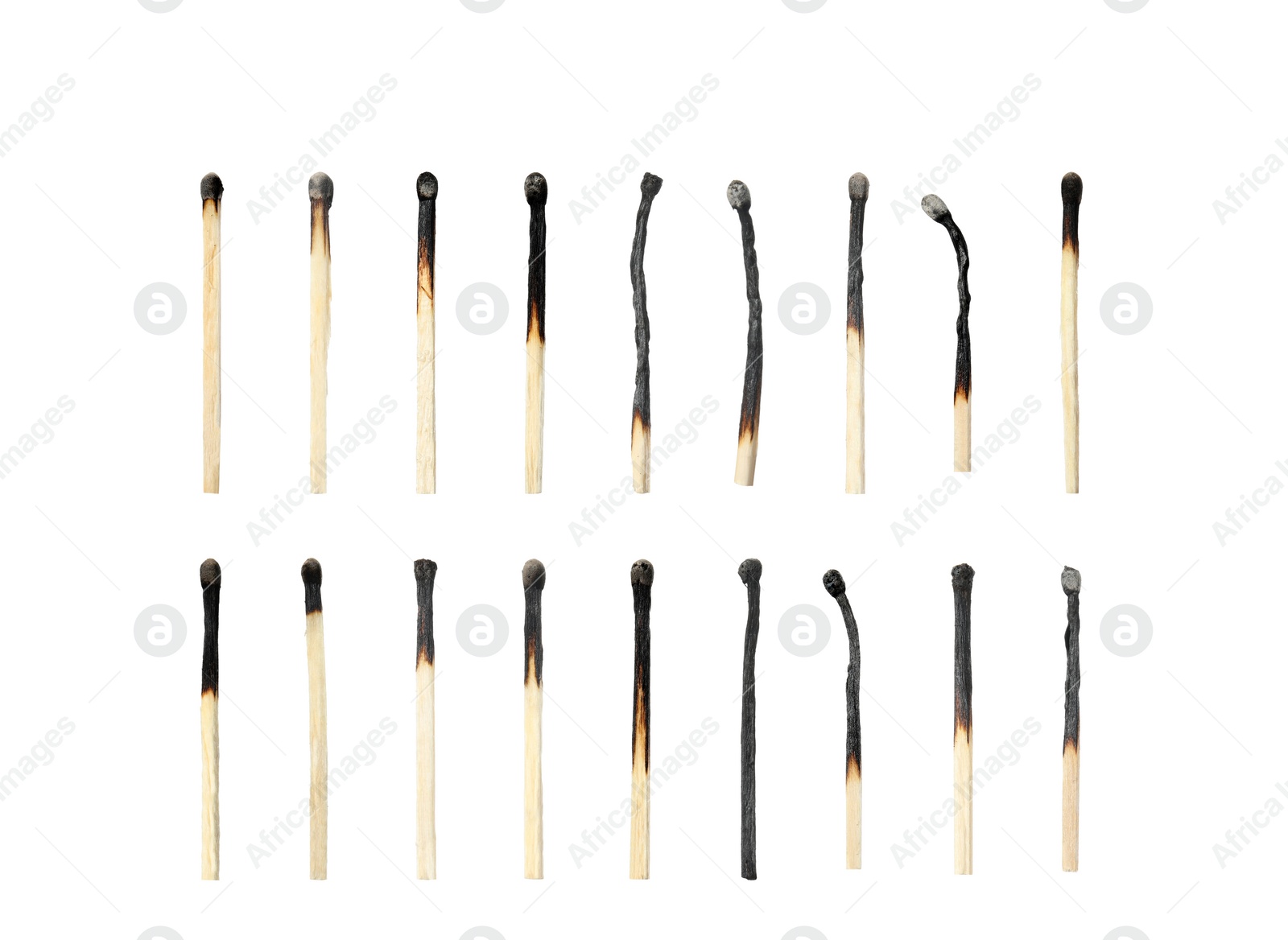 Image of Set with burnt matches on white background