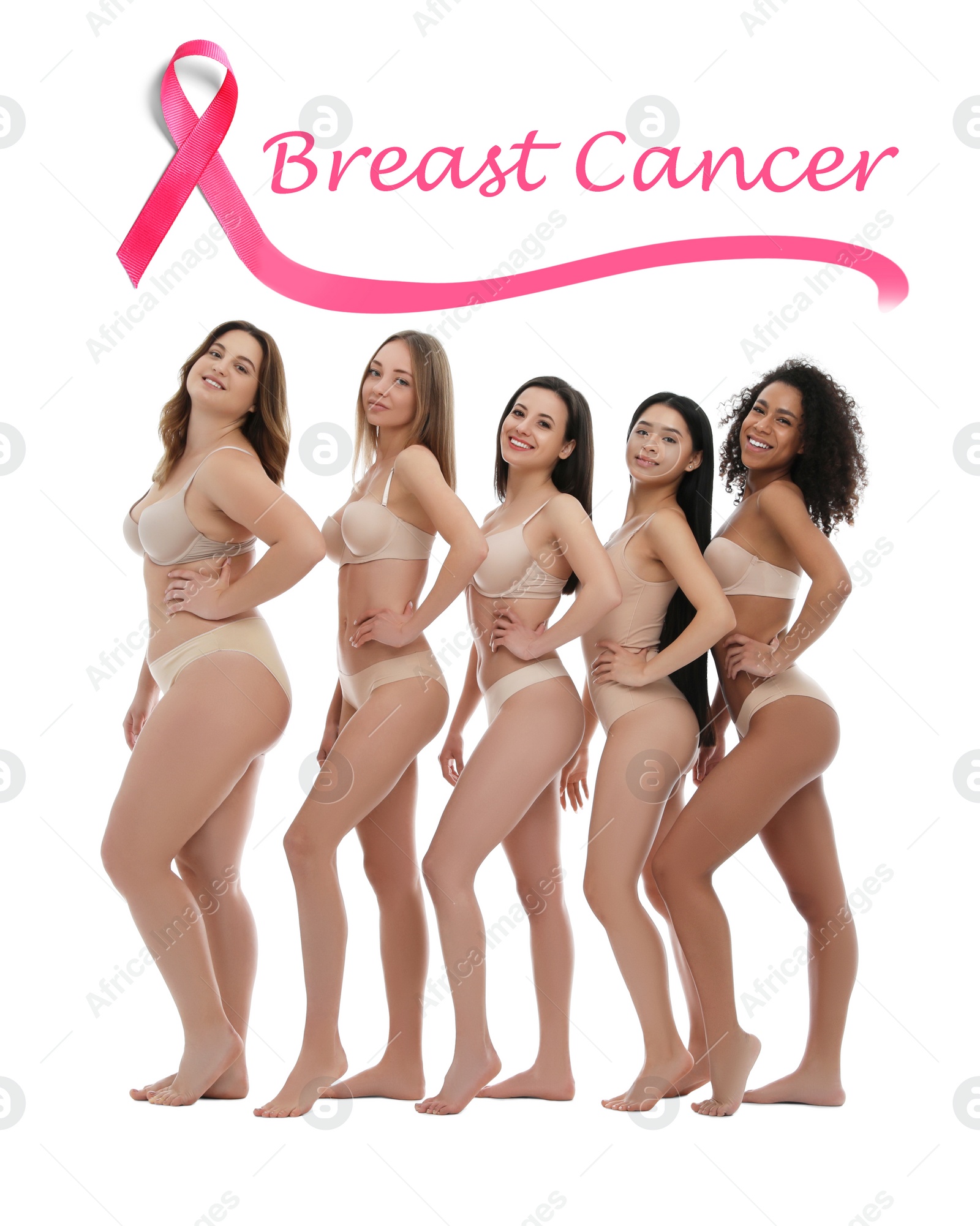 Image of Breast cancer awareness. Group of women in underwear on white background