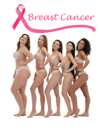 Image of Breast cancer awareness. Group of women in underwear on white background