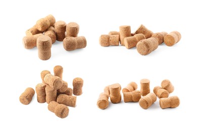 Image of Set with corks of sparkling wine bottles on white background