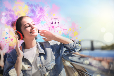 Young woman listening to music with headphones outdoors. Bright notes illustration
