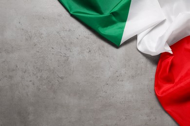 Flag of Italy on white gray background, top view. Space for text