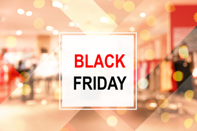 Image of Blurred view of modern shopping mall interior. Black Friday Sale