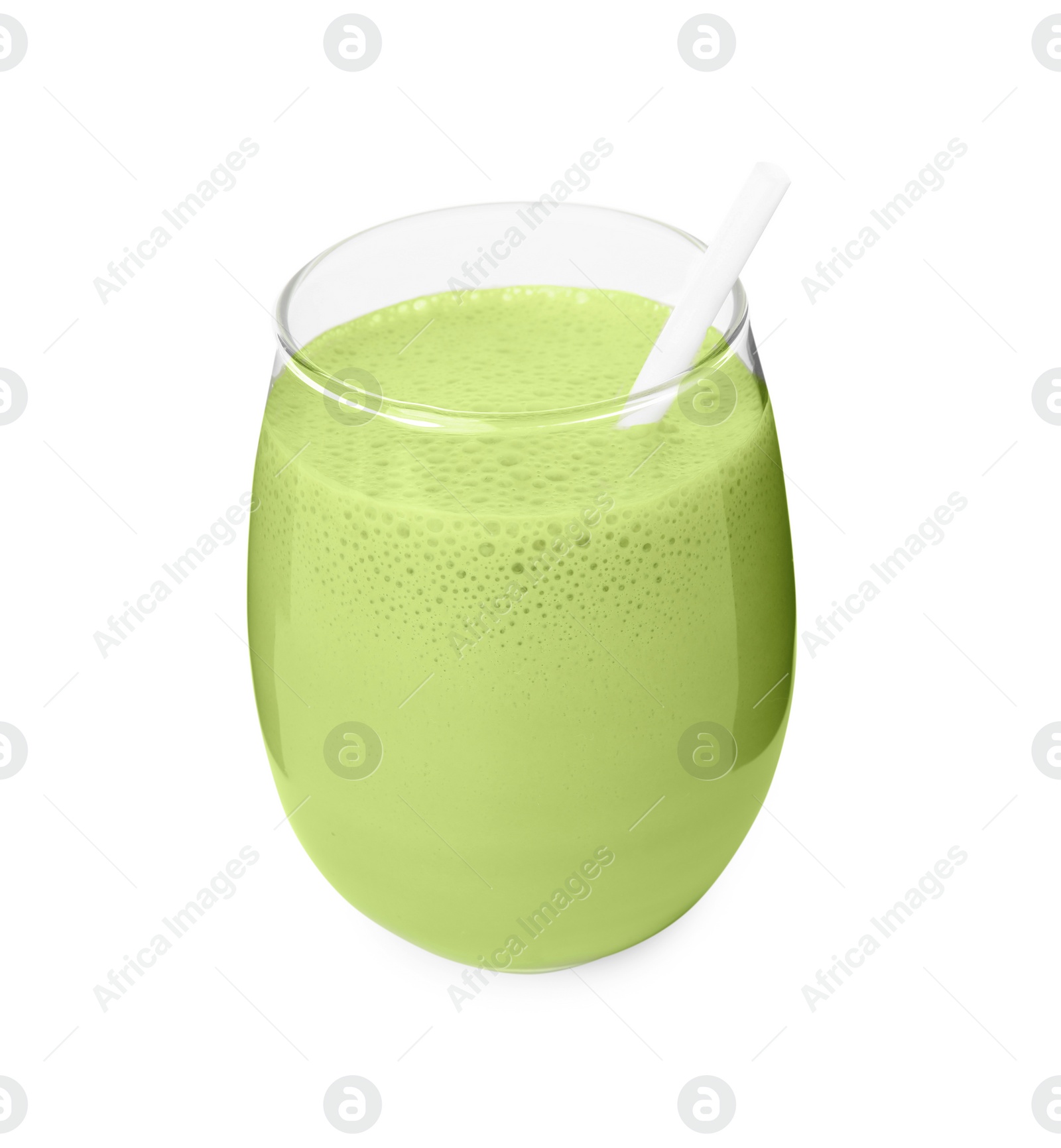 Photo of Glass of tasty matcha smoothie isolated on white