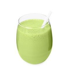 Glass of tasty matcha smoothie isolated on white