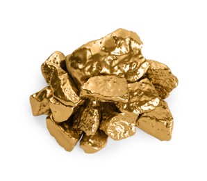 Pile of shiny gold nuggets on white background, above view