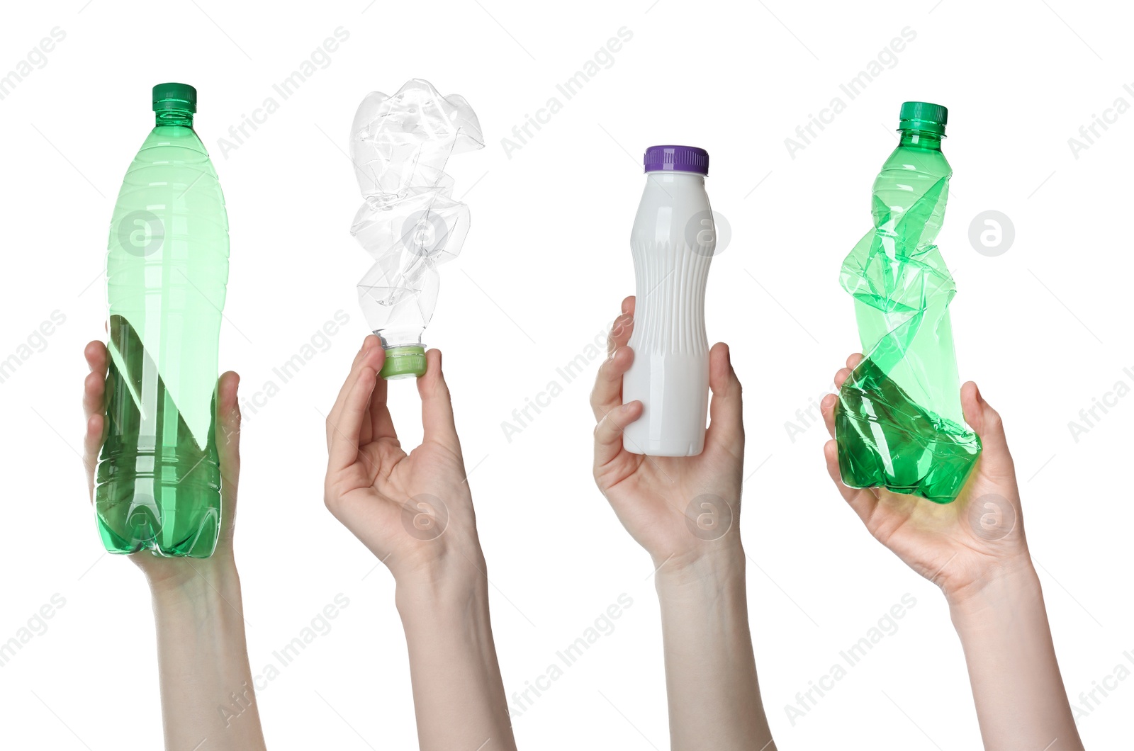 Image of Collage with photos of women holding plastic bottles on white background, closeup 