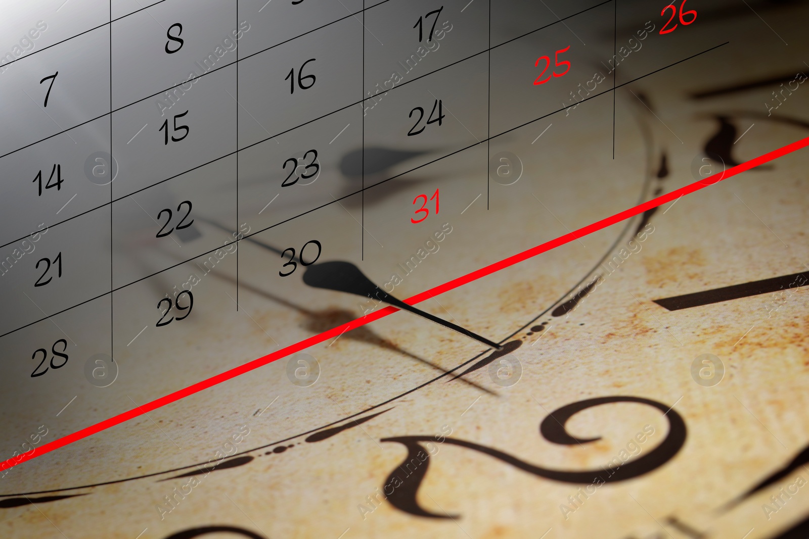 Image of Deadline concept. Double exposure of clock and calendar