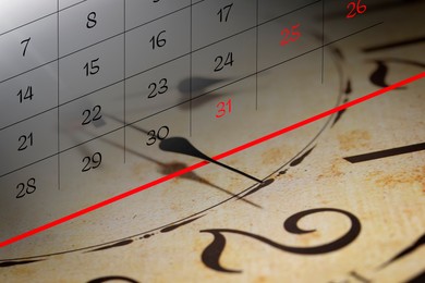 Deadline concept. Double exposure of clock and calendar