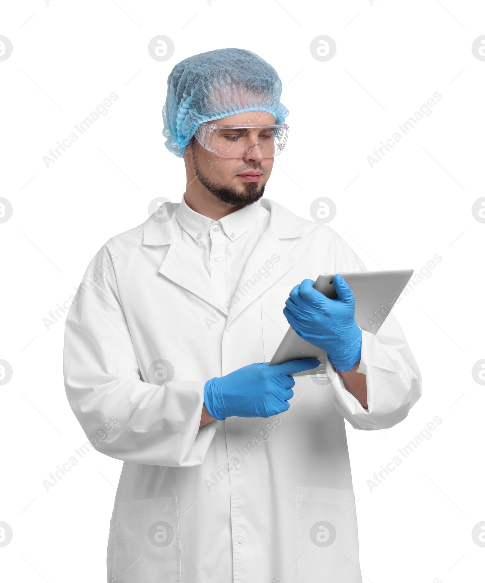 Photo of Quality control. Food inspector with tablet on white background