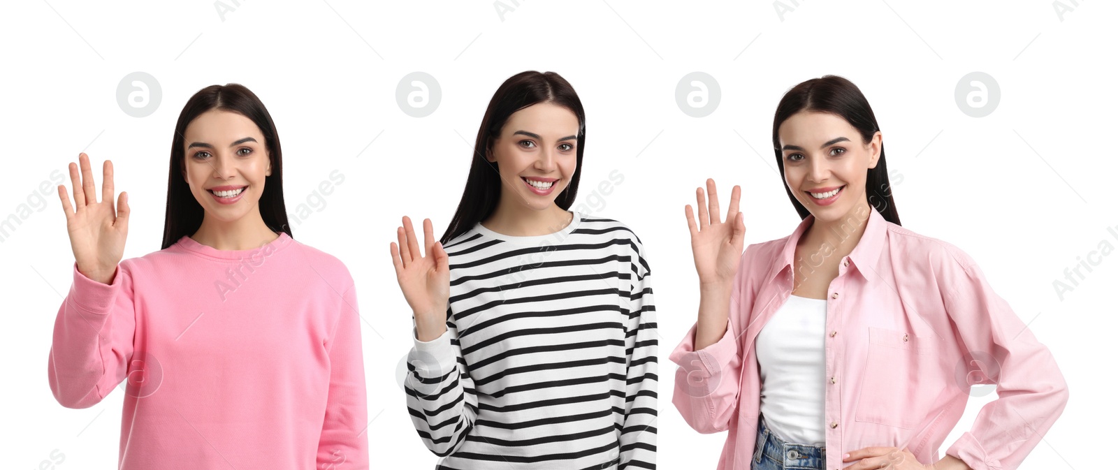 Image of Collage with photos of cheerful woman showing hello gesture on white background. Banner design