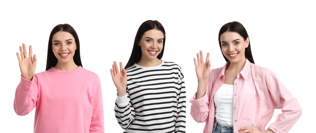 Collage with photos of cheerful woman showing hello gesture on white background. Banner design