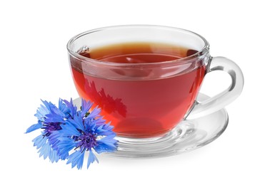 Photo of Cornflower tea and fresh flowers on white background