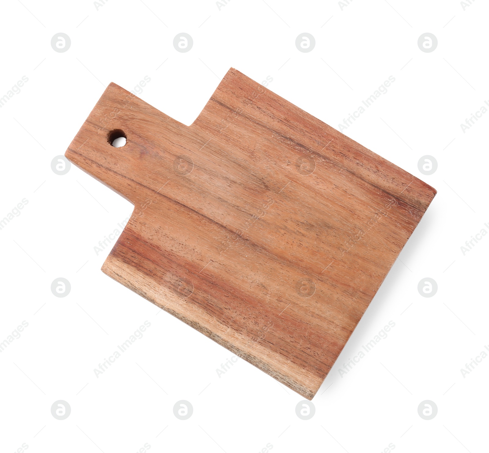 Photo of One wooden cutting board on white background, top view