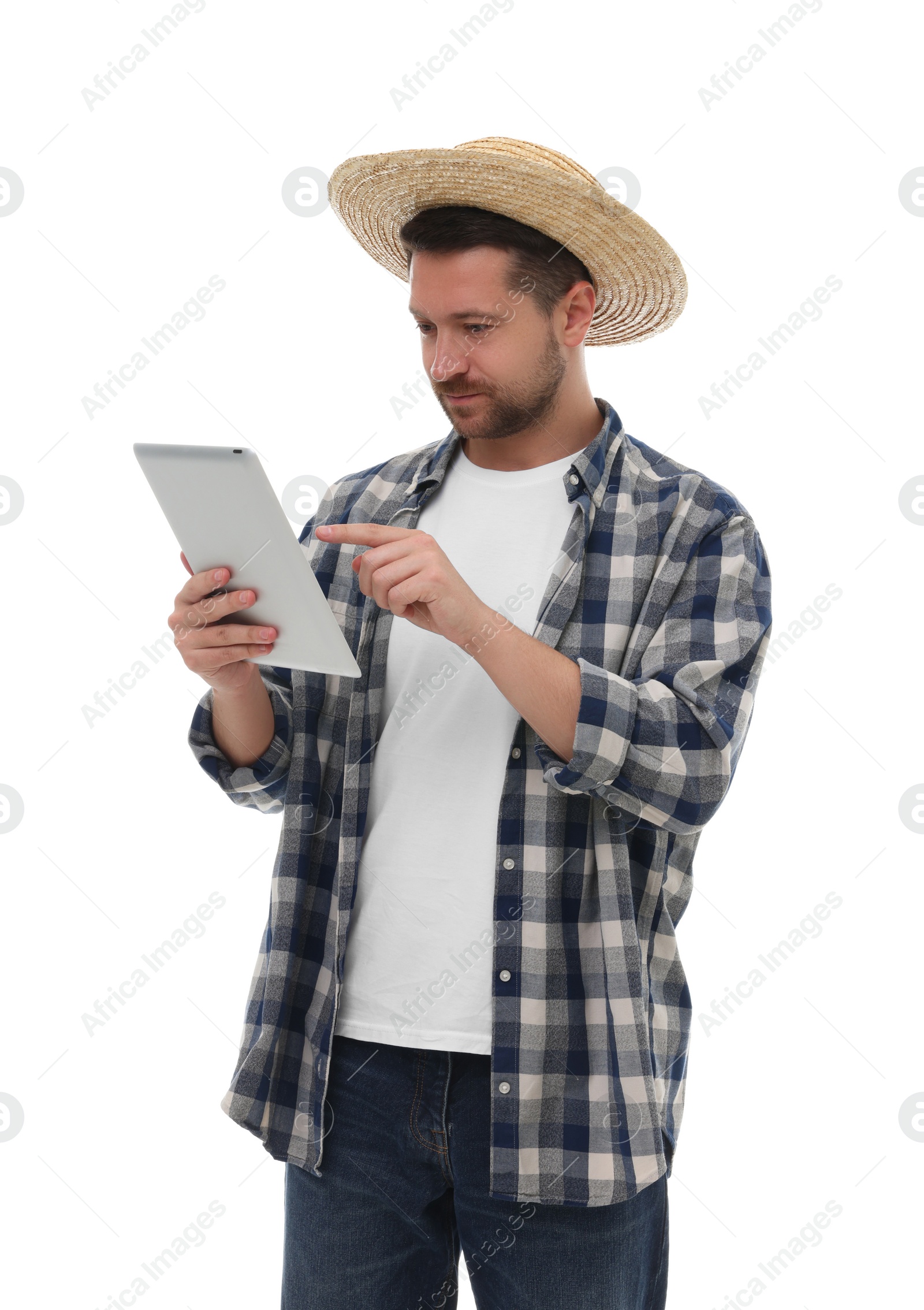 Photo of Farmer using tablet on white background. Harvesting season