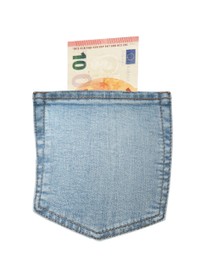 Image of Jeans pocket and euro banknote isolated on white. Spending money