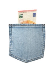 Jeans pocket and euro banknote isolated on white. Spending money