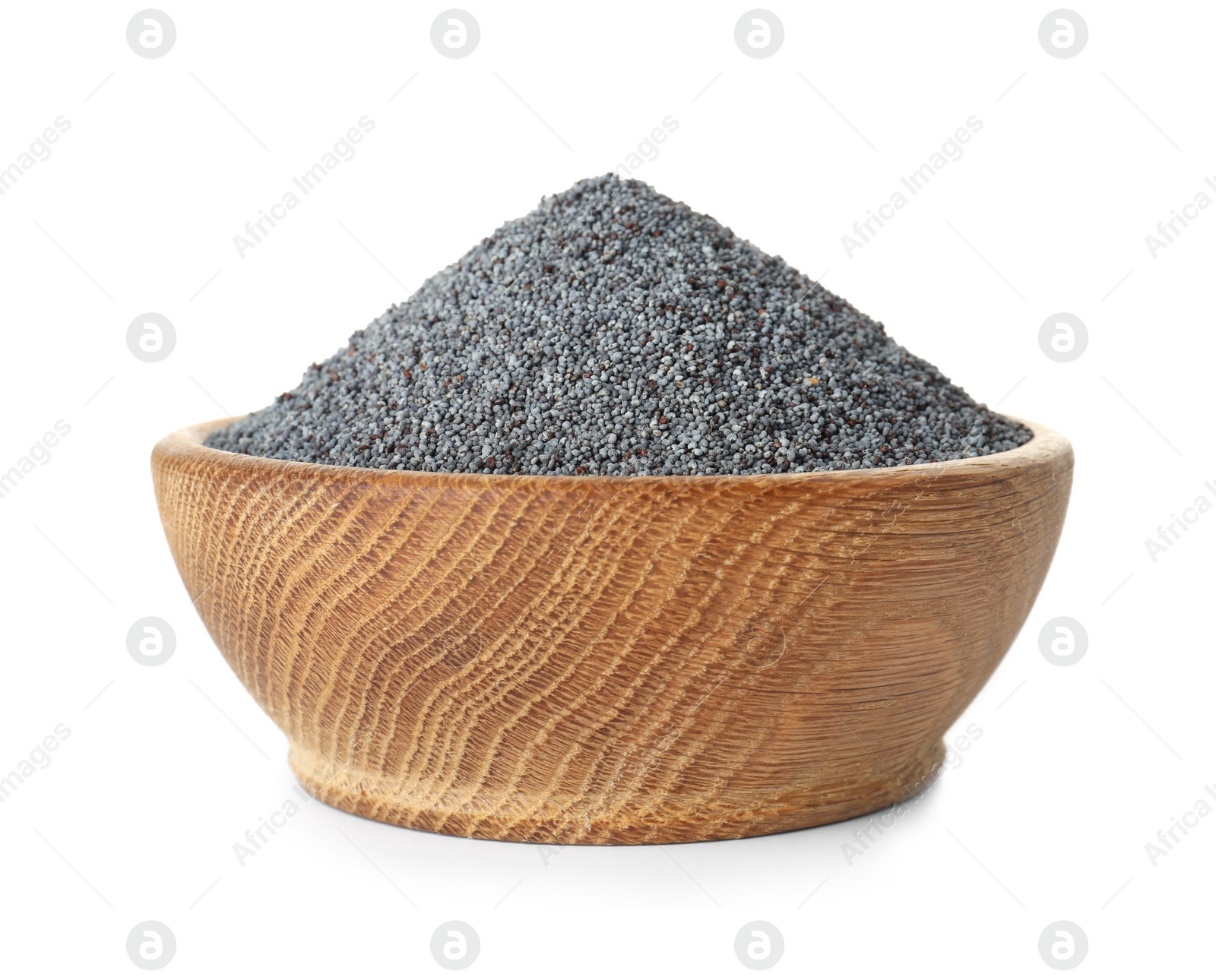 Photo of Poppy seeds in wooden bowl on white background