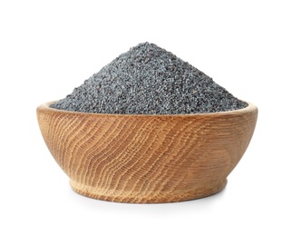 Poppy seeds in wooden bowl on white background