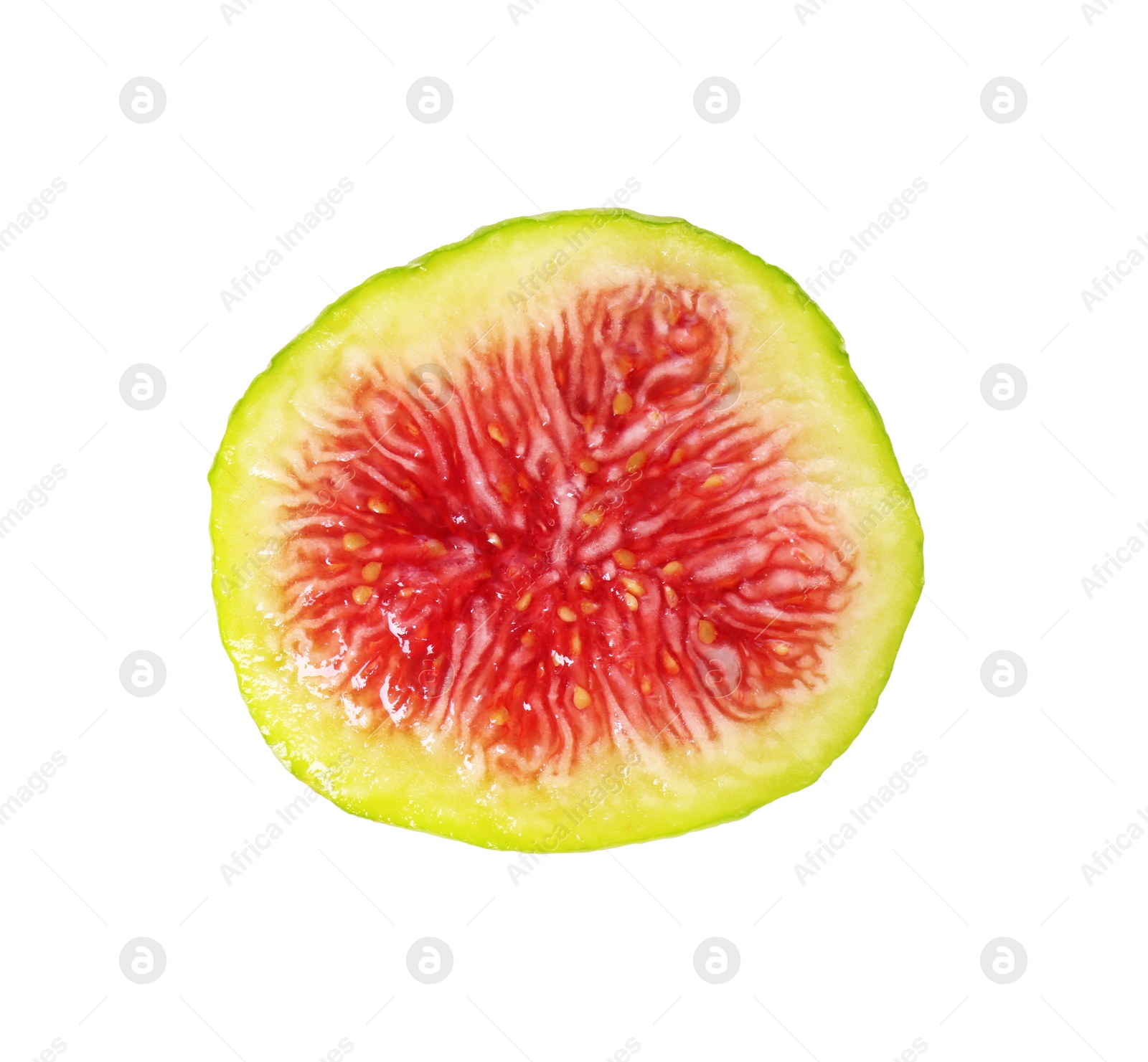 Photo of Half of fresh green fig isolated on white, top view