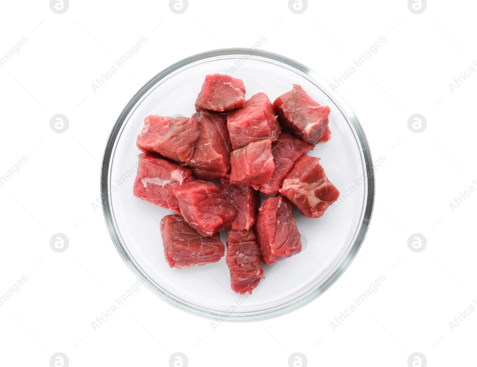 Photo of Petri dish with pieces of raw cultured meat on white background, top view