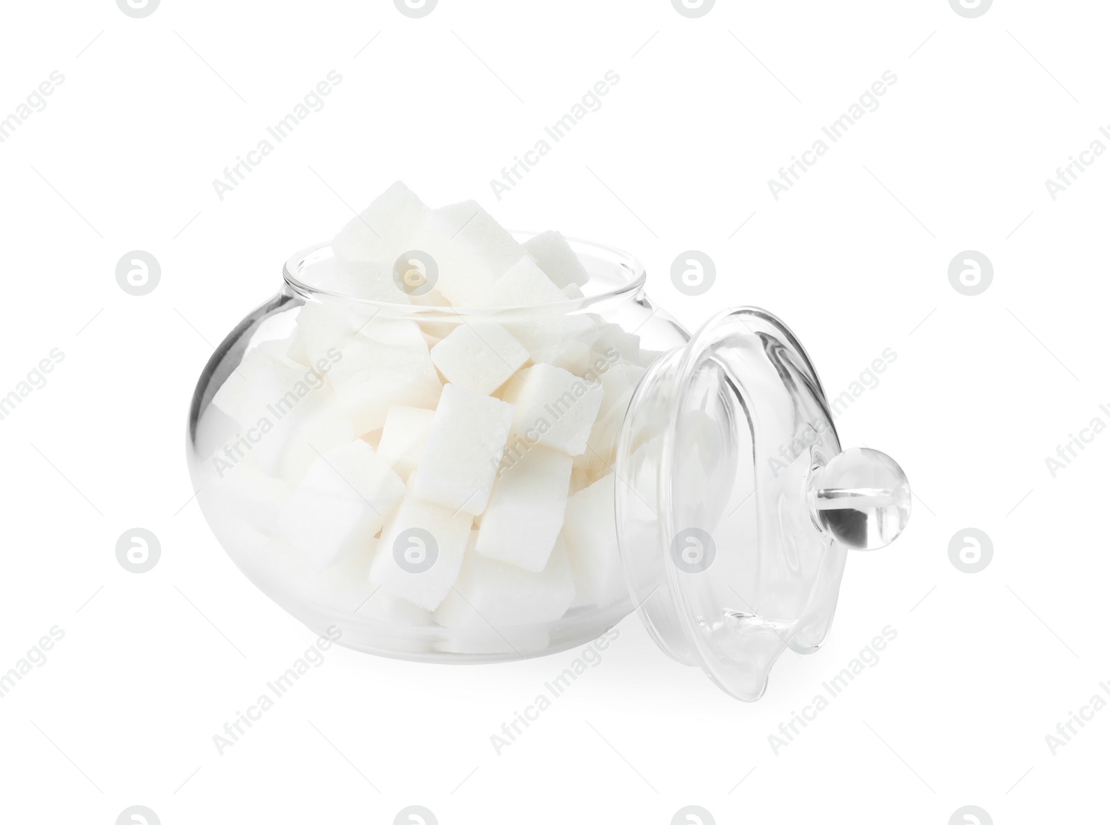 Photo of Glass bowl with sugar cubes isolated on white