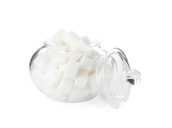 Glass bowl with sugar cubes isolated on white