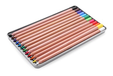 Photo of Colorful pastel pencils in box isolated on white. Drawing supplies
