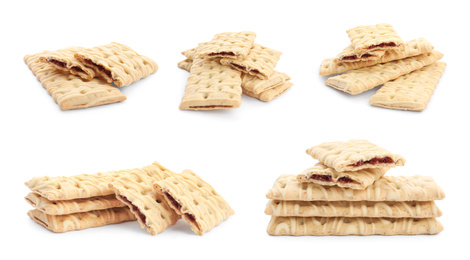 Image of Set of delicious cookies with filling on white background 