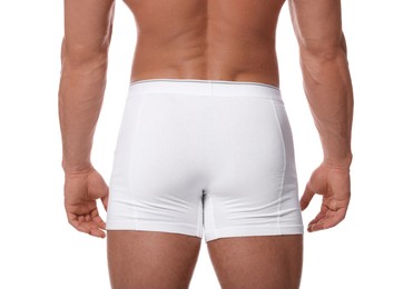 Photo of Young man is stylish underwear on white background, closeup