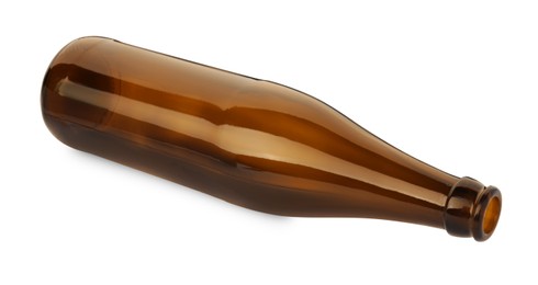 Photo of One empty brown beer bottle isolated on white