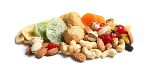 Different dried fruits and nuts on white background