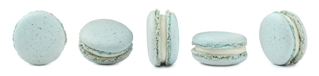 Image of Set with delicious macarons on white background. Banner design