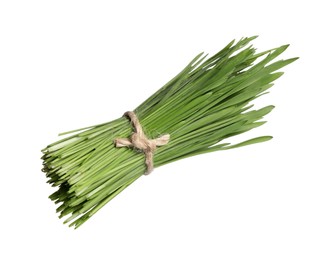 Photo of Bunch of fresh wheat grass sprouts isolated on white