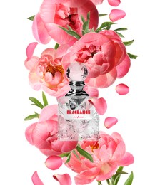 Image of Bottle of luxury perfume and beautiful peonies on white background