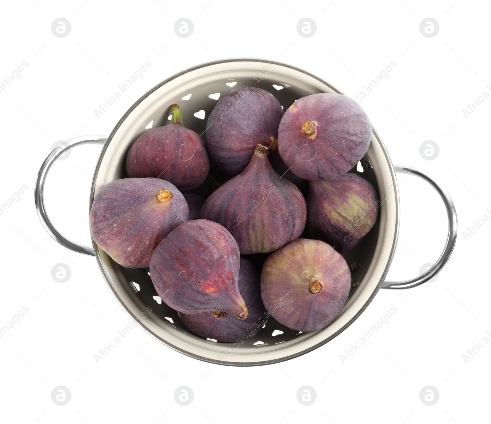 Photo of Whole tasty fresh figs in colander on white background, top view