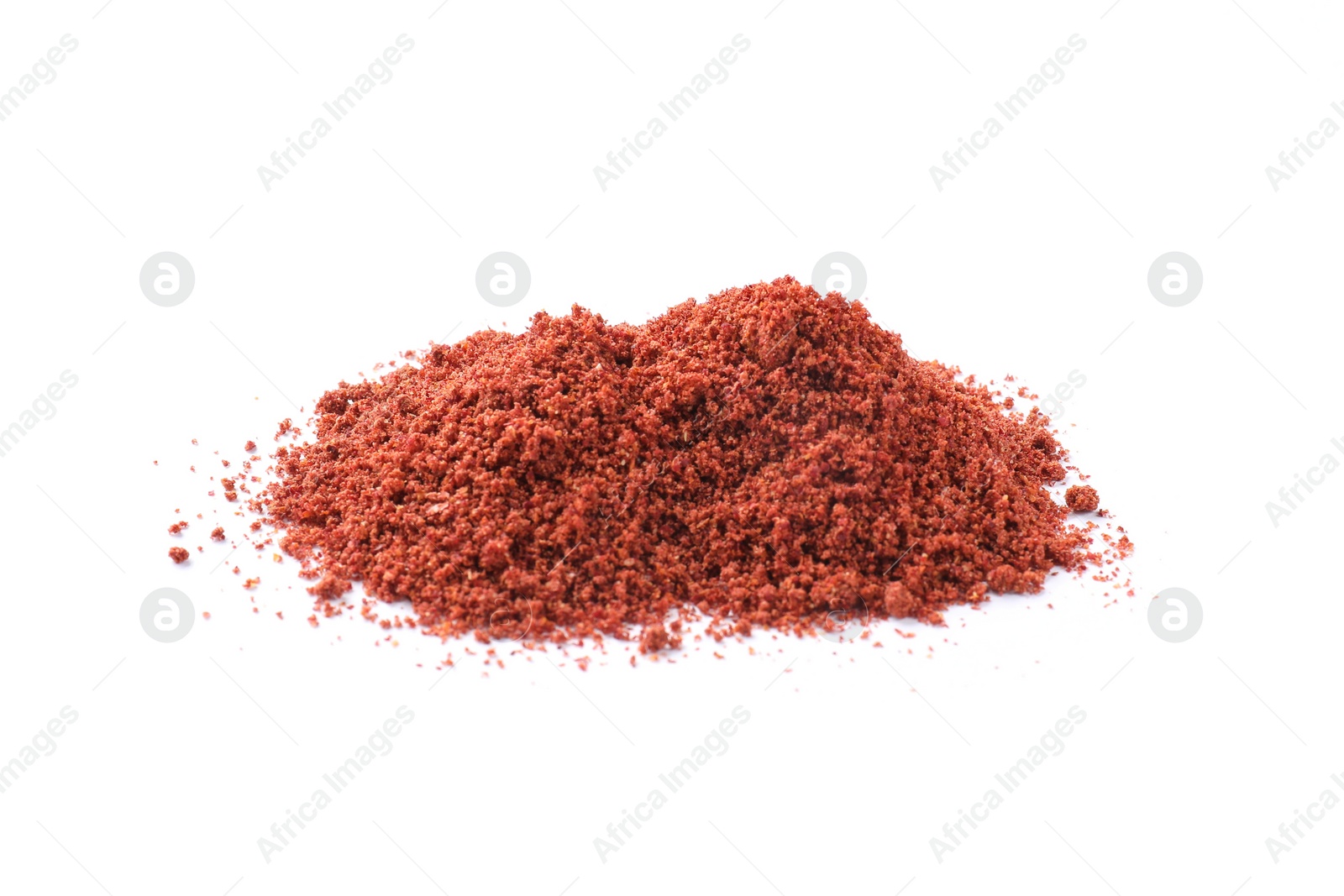 Photo of Heap of dried cranberry powder isolated on white